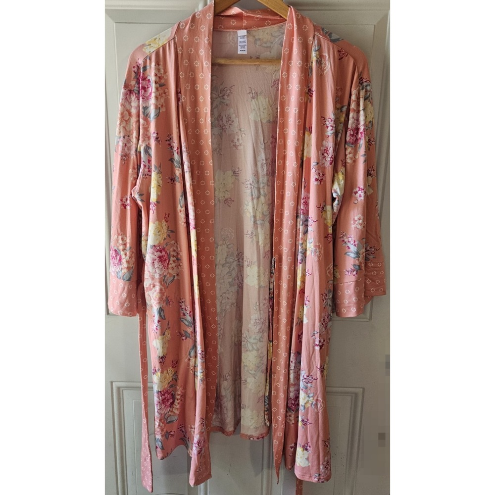 Flora Nikrooz Floral Kimono Robe Womens Medium Pink Tie Waist Lounge Cover Up